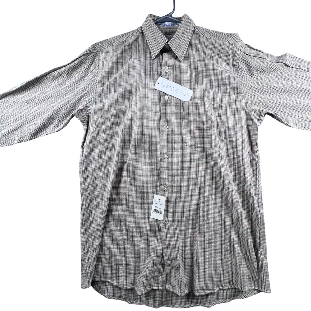 Perry Ellis Dress Shirt Men 15 32/33 Tan Plaid Portfolio Long Sleeve Button Up